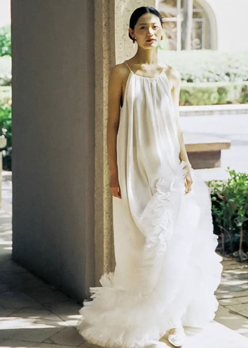 White Halter Tulle Patchwork Long Dresses Summer