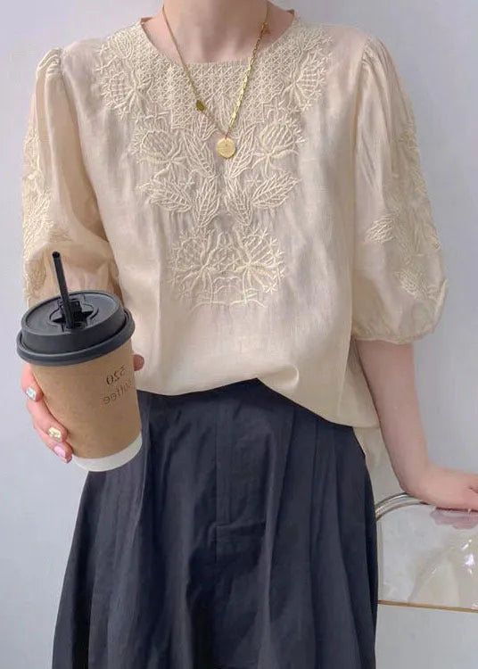 Apricot O-neck Embroideried Silk Blouse Top Half Sleeve