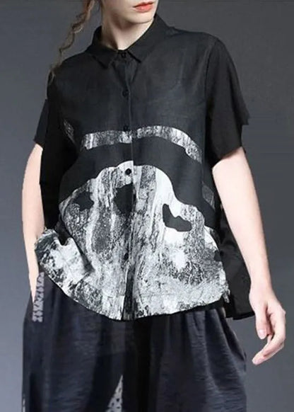Classy White Peter Pan Collar Print Button Cotton Blend Top and Harem Pants Two Pieces Set Summer