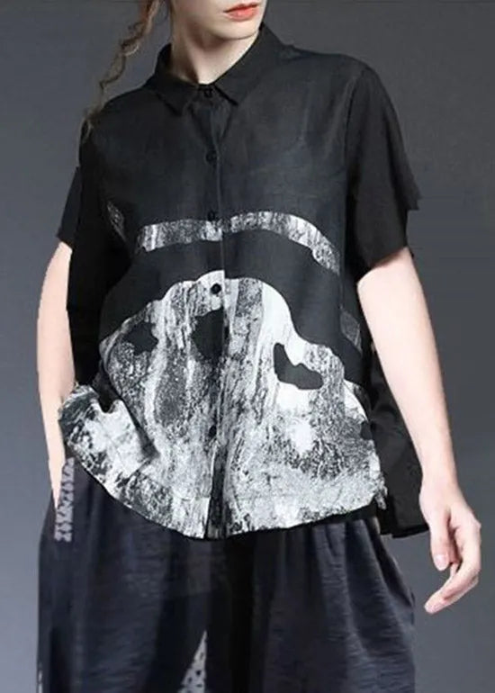 Classy White Peter Pan Collar Print Button Cotton Blend Top and Harem Pants Two Pieces Set Summer
