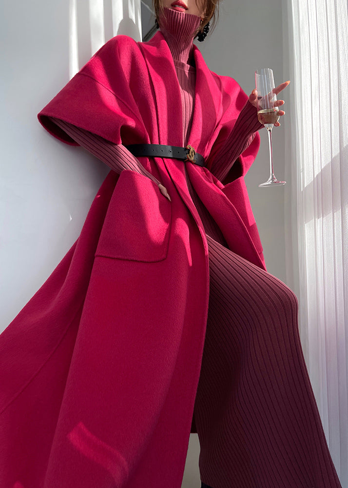 Boutique Rose Pockets Woolen Long Coat Half Sleeve