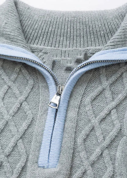 Grey Zippered Patchwork Thick Cotton Knit Sweaters Tops Fall