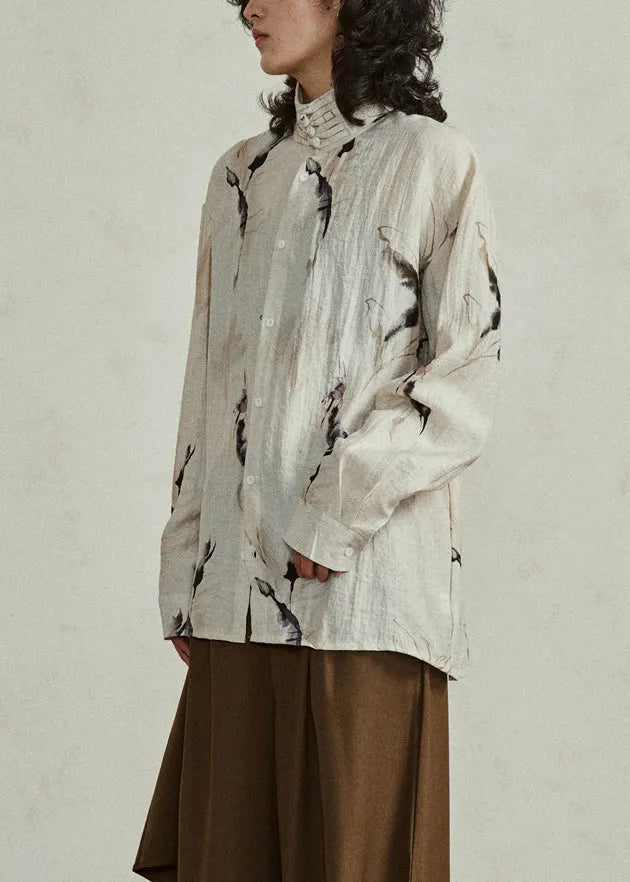 Natural Khaki Stand Collar Button T Shirts Lantern Sleeve