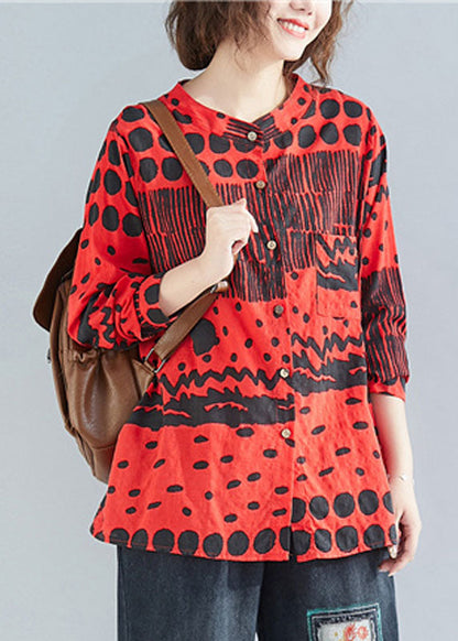 Red O-neck Button Print Pockets Fall Blouses Long Sleeve