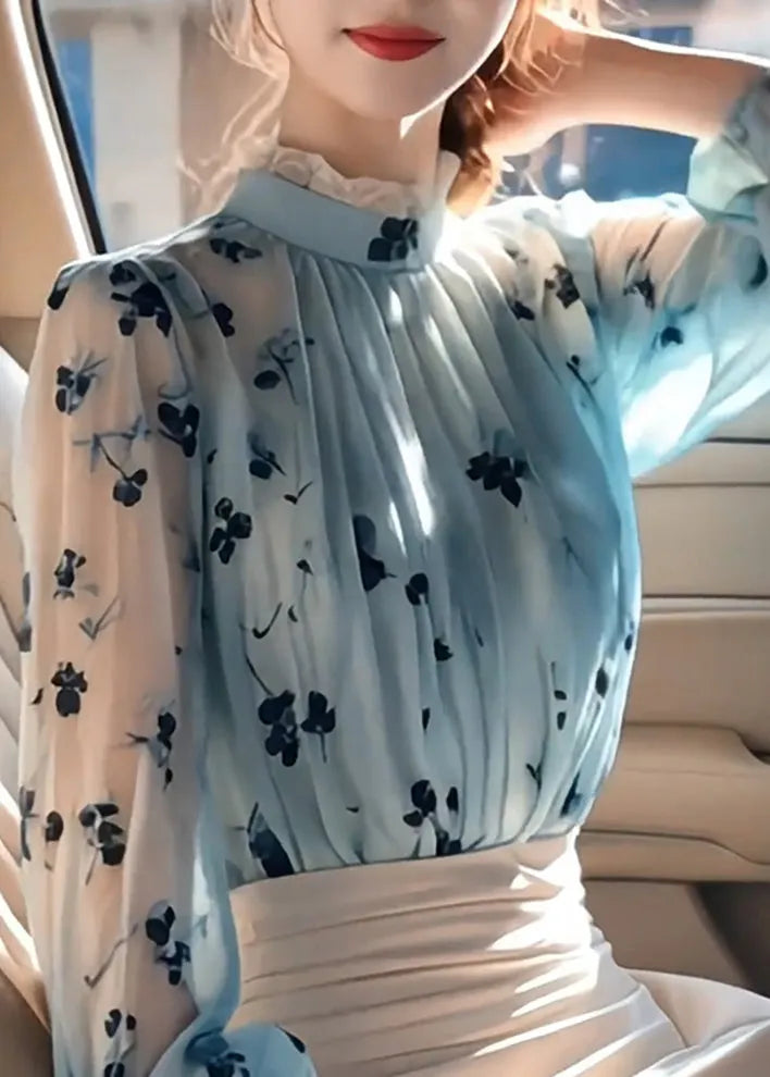 Blue Ruffled Print Wrinkled Chiffon Shirt Fall