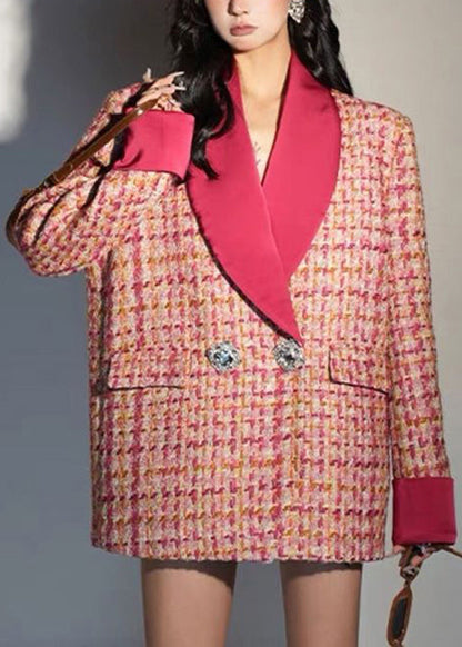 Italian Pink Plaid Button Patchwork Cotton Coats Spring