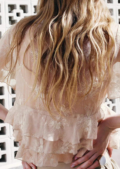 Pink Ruffled Chiffon Shirts and Skirts Two Pieces Set Summer