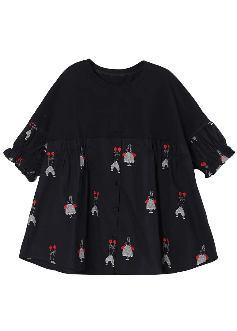 Black O-neck Embroideried Patchwork Cotton Shirts Short Sleeve