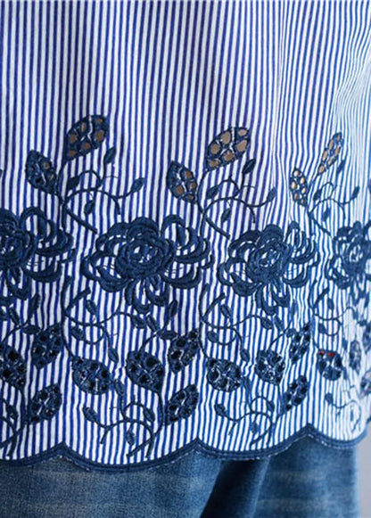 Style Blue O-neck Embroideried Striped Cotton Tops Bracelet Sleeve