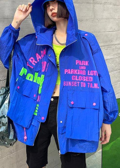 Blue Print Pockets Zippered Spring Hooded Coat