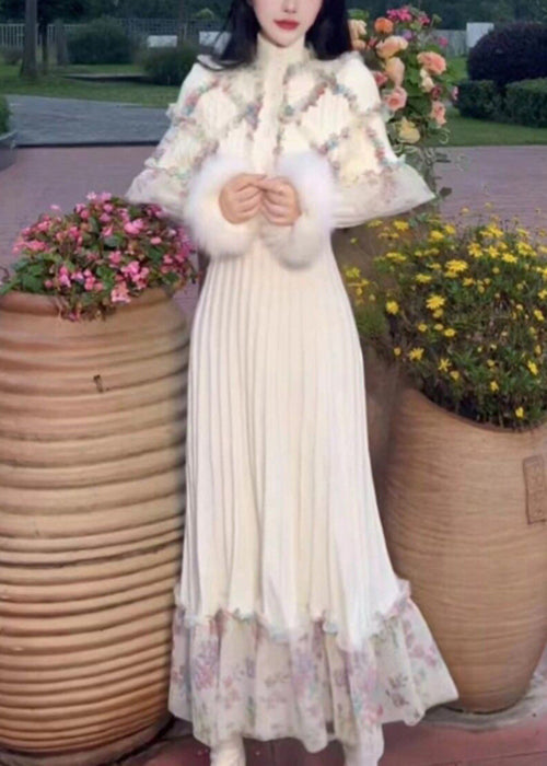 Classy White Ruffled Patchwork Cape and Dress Knit Two Pieces Set Spring