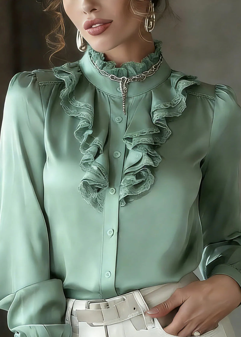 Green Ruffled Patchwork Silk Shirt Lantern Sleeve