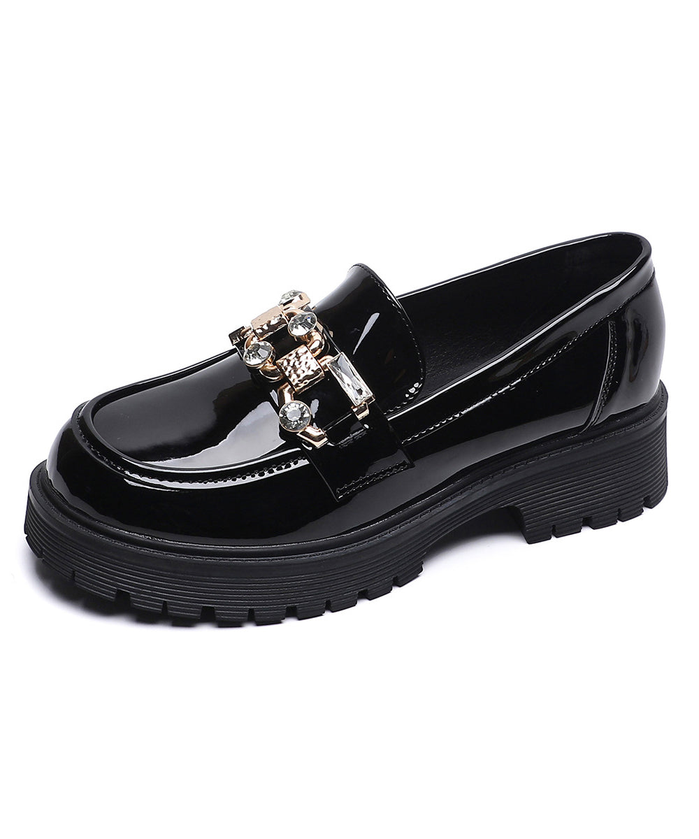 Black Zircon Platform Faux Leather Splicing Loafers