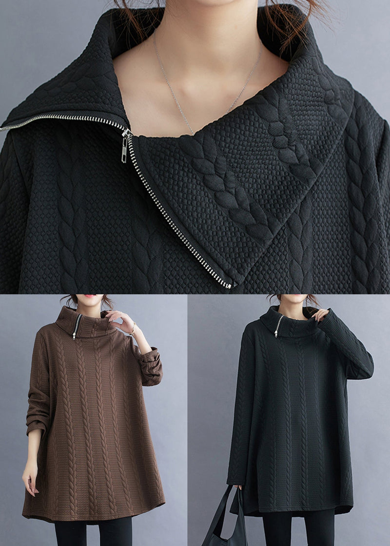 Black Zip Up Patchwork Cotton Top Long Sleeve