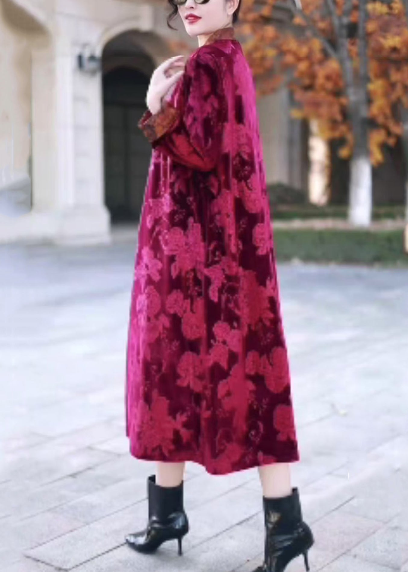 Red Button Patchwork Silk Velour Long Dress Stand Collar Winter