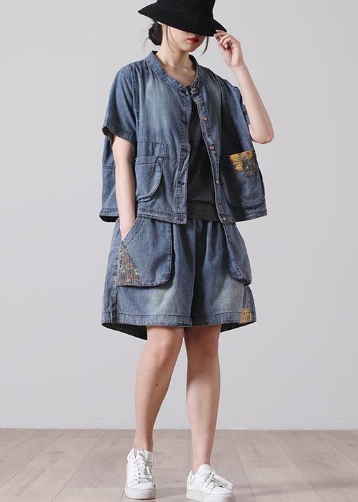 Button Blue Short Sleeve Tops Hot Pants Denim Two Piece Suit Set