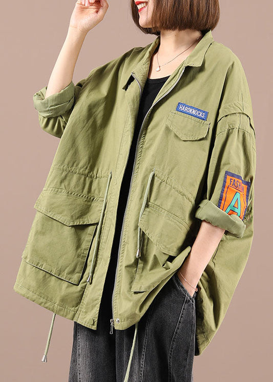 Organic Light Green Loose Zippered Pockets Fall Tie Waist Long Sleeve Coat