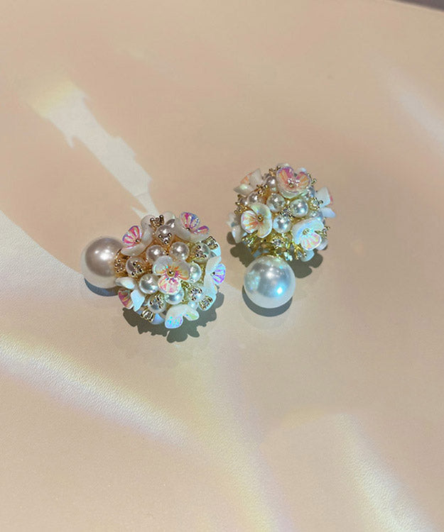 Art White Alloy Acrylic Pearl Zircon Stud Earrings