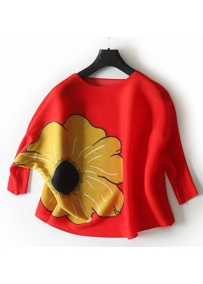 Red O-neck Print Wrinkled Tops Half Sleeve