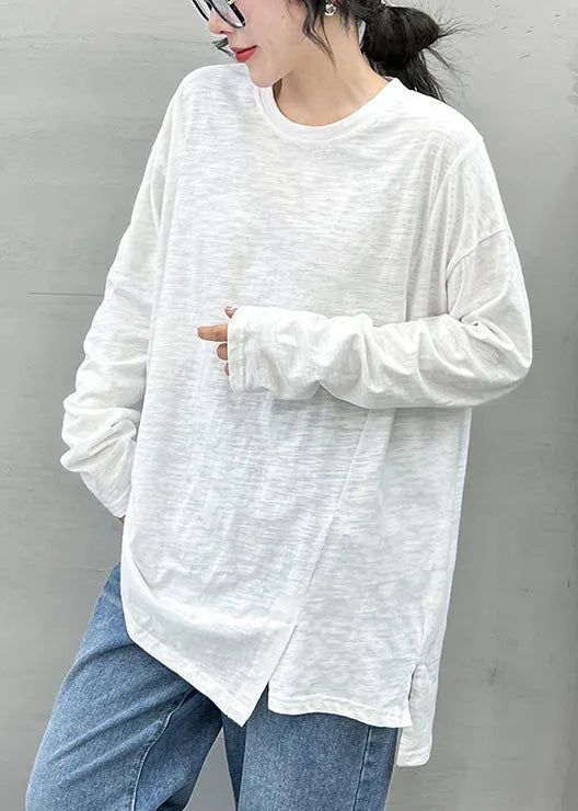 Style White O-neck Asymmetrical Design Cotton Top Long Sleeve