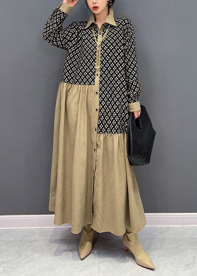 Colorblock Peter Pan Collar Patchwork Wrinkled Print Cotton Dresses Spring