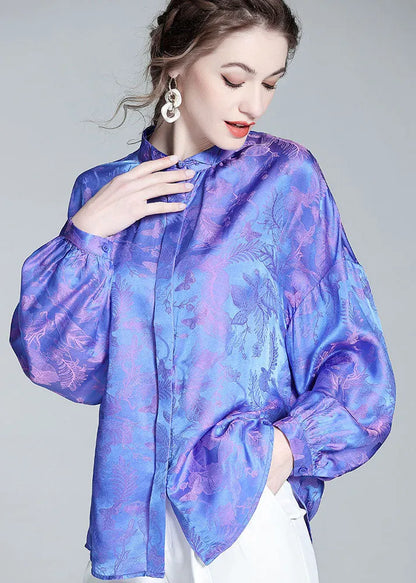 Blue Wrinkled Patchwork Jacquard Silk Shirts Spring