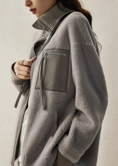 Stylish Grey Oversized Pu Patchwork Wool Coat Fall