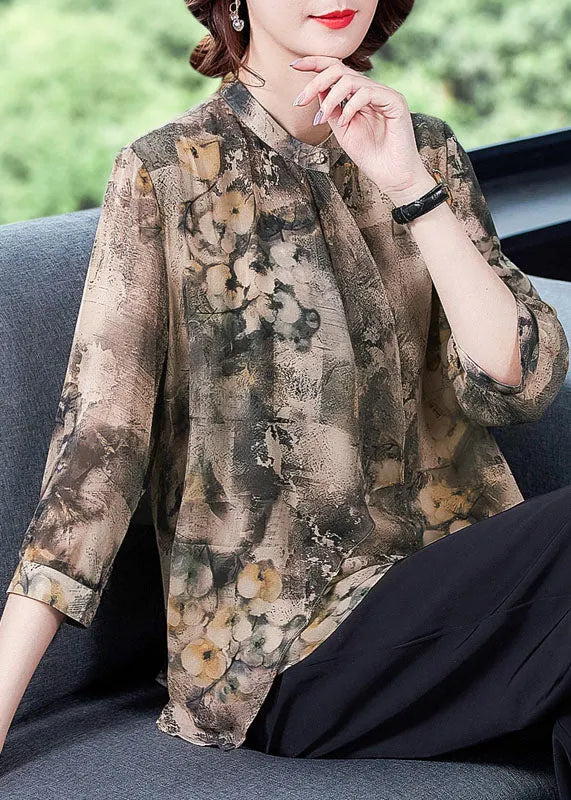 Apricot Asymmetrical Print Silk Shirts Bracelet Sleeve