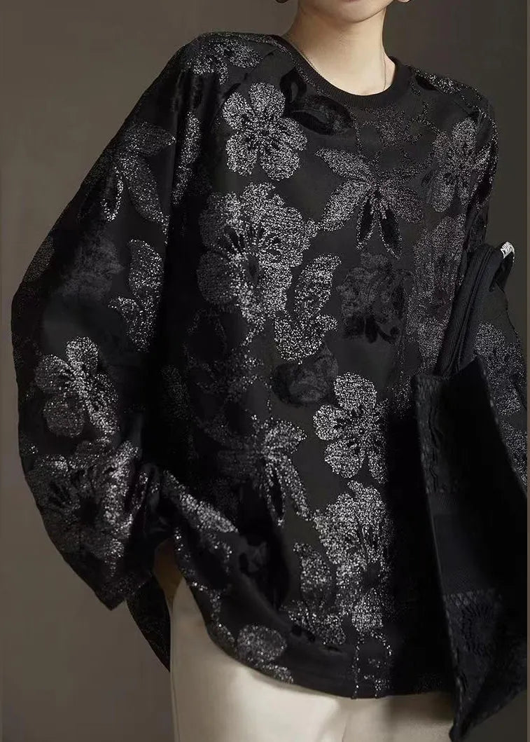 New Black Round Neck Hot Stamping Bright Silk T-shirt Spring
