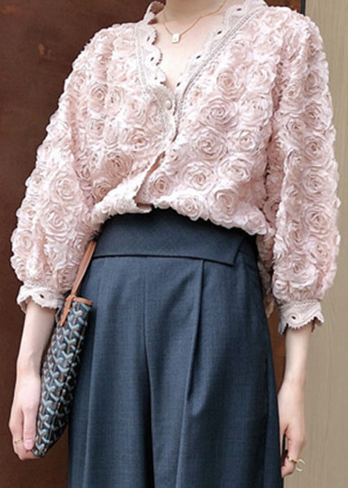 Pink V Neck Button Lace Blouses Bracelet Sleeve