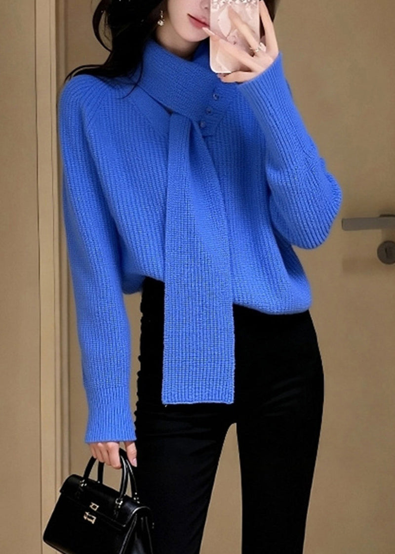 Stylish Blue V Neck With Scarf Knit Sweater Spring