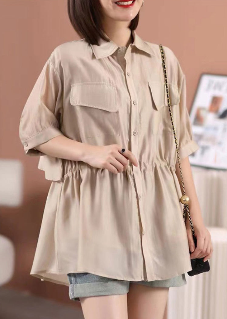 Loose Purple Peter Pan Collar Tie Waist Silk Cotton Shirt Half Sleeve