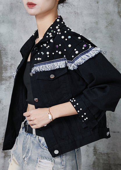 Black Tasseled Patchwork Nail Bead Denim Jacket Spring