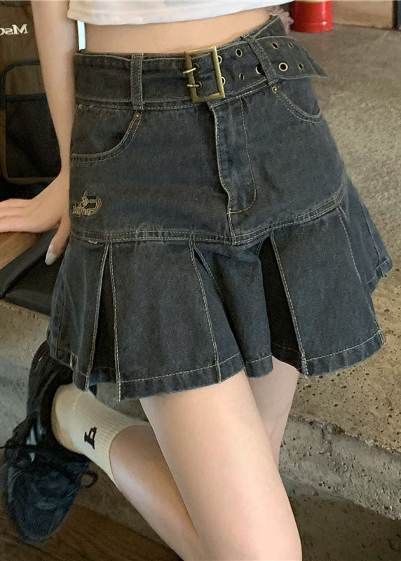 Black Grey High Waist Sashes Pockets Patchwork Cotton Denim Pleated Skirts Summer