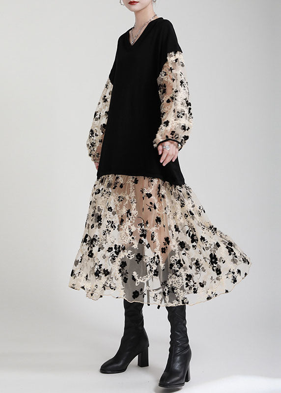 Art Black V Neck Patchwork Pockets Print Fall Vacation Dresses Long Sleeve