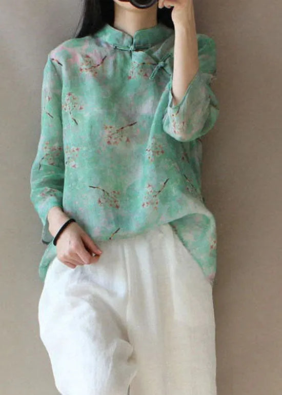 Light Green Button Stand Collar Print Tops Spring