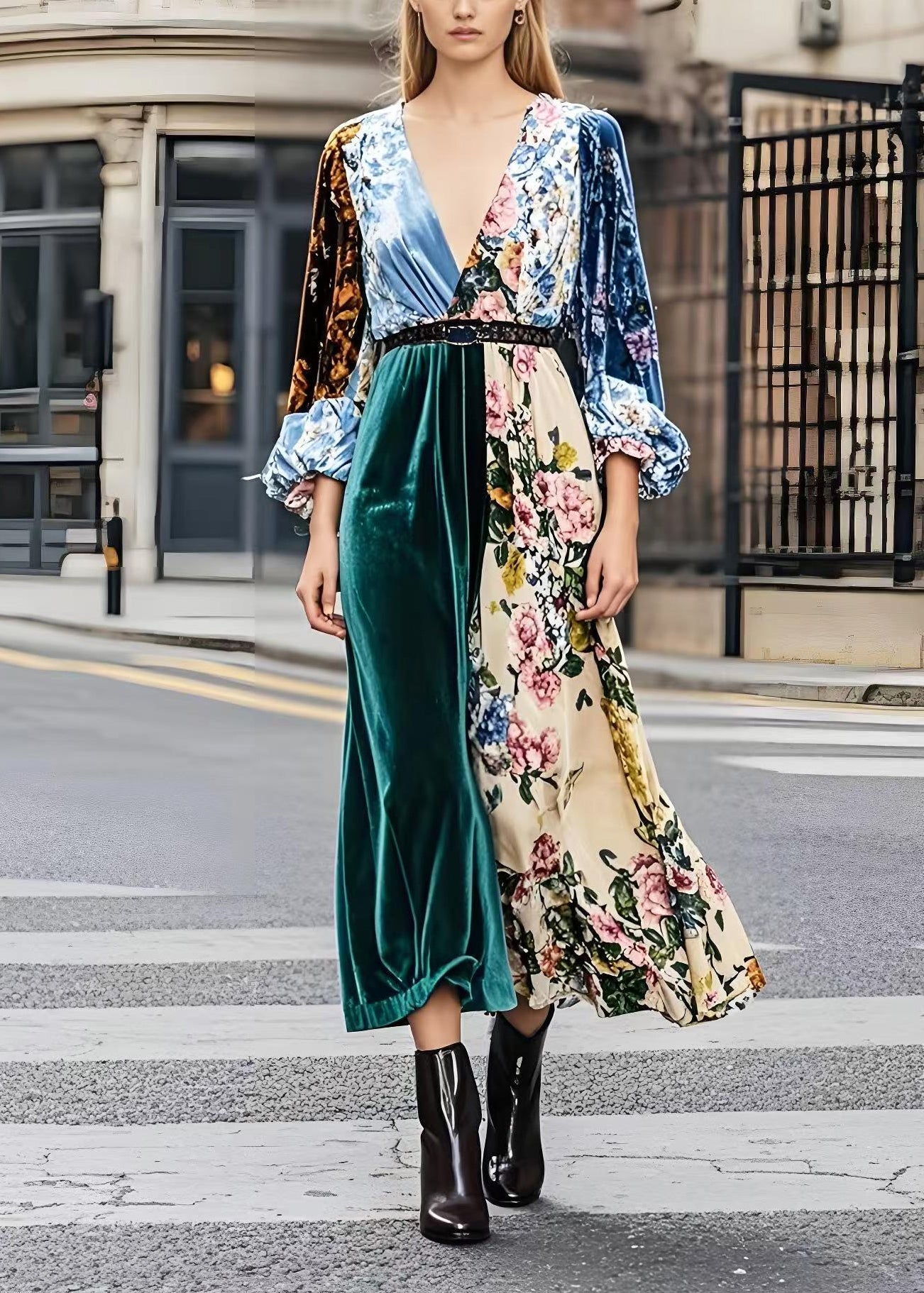 French Colorblock V Neck Patchwork Print Silk Velour Dresses Spring