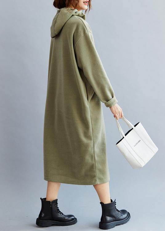 Handmade Drawstring Hooded Cotton Spring Dresses Green Long Dress