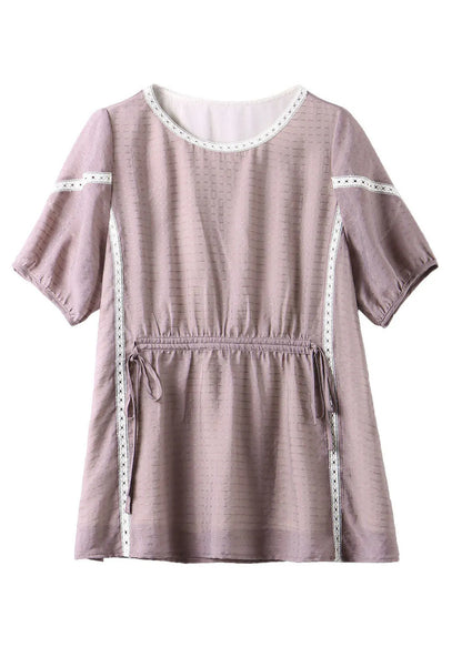 Organic Light Purple O Neck Lace Patchwork Silk Tops Summer