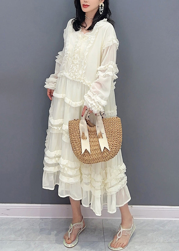 Brief White V Neck Ruffled Chiffon Long Dress Spring