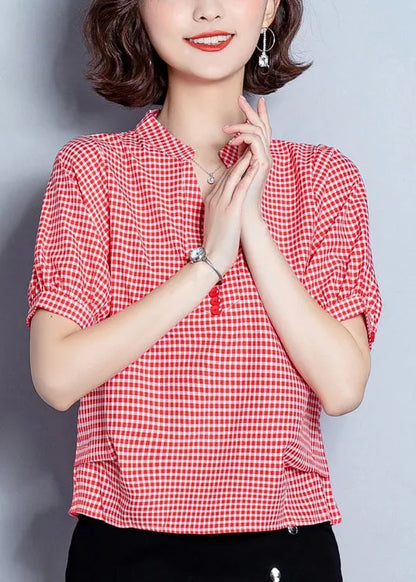 Red Plaid Chiffon Blouses Oversized Wrinkled Short Sleeve