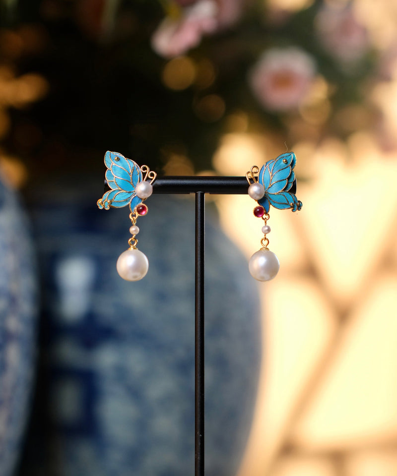 Blue Sterling Silver Overgild Pearl Butterfly Drop Earrings