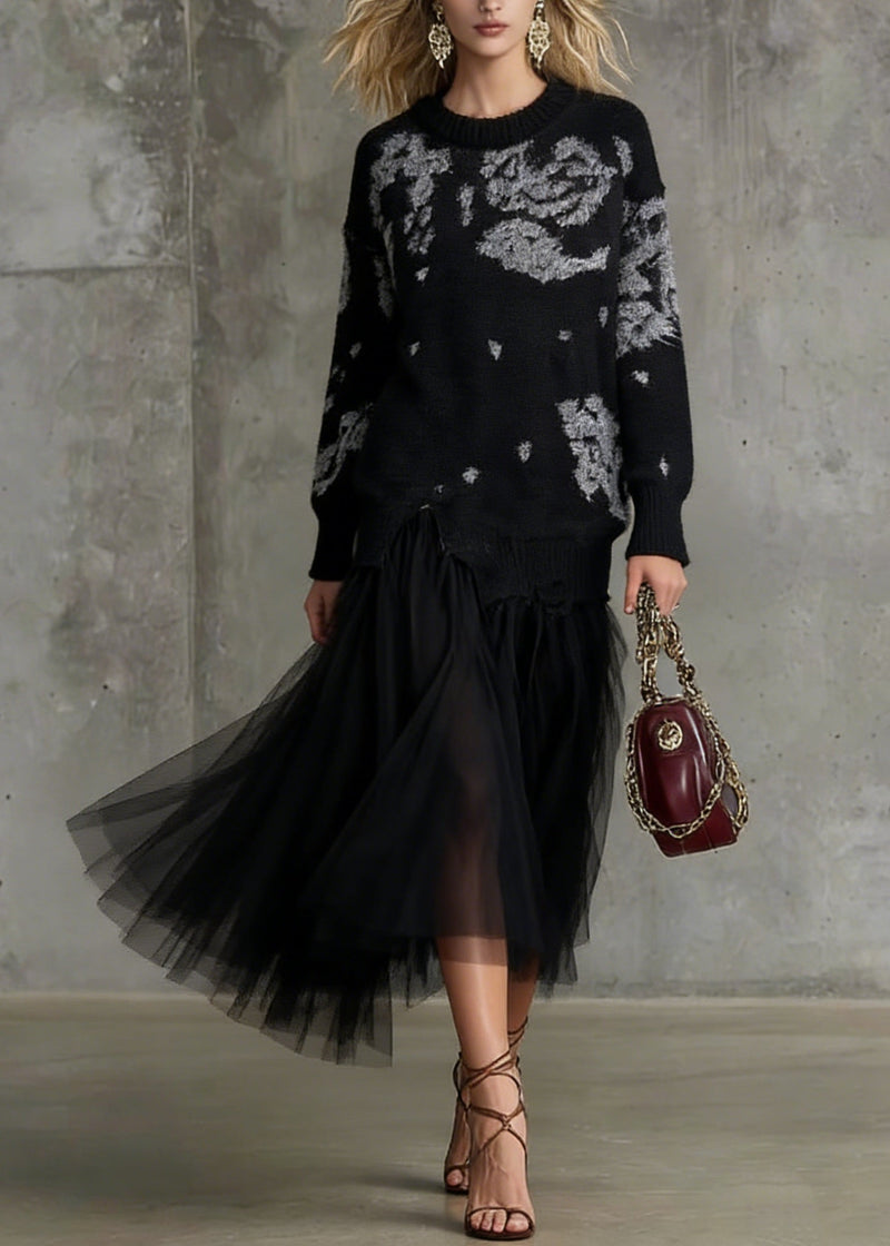 Stylish Black O Neck Print Tulle Patchwork Long Knit Dress Spring