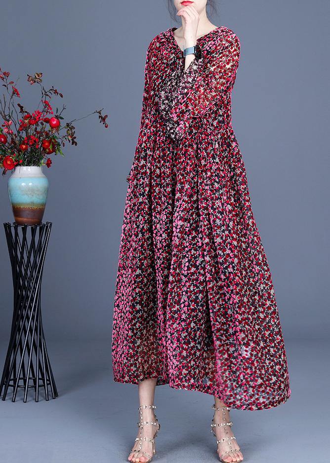 Italian Red Print Flare Sleeve Summer Silk Maxi Dresses