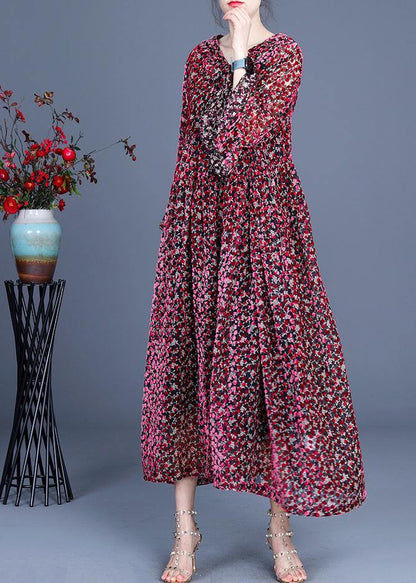 Italian Red Print Flare Sleeve Summer Silk Maxi Dresses