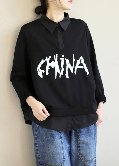 Handmade Lapel Patchwork Spring Shirts Sleeve Black Letter Shirt