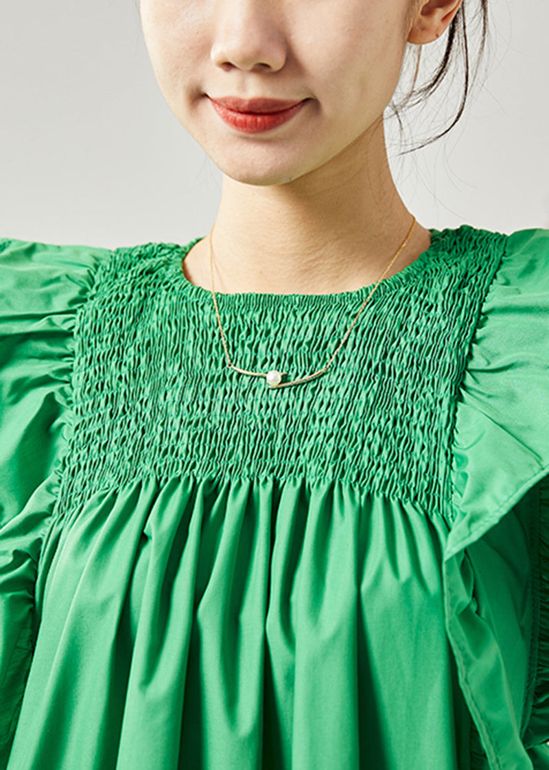 Modern Green O-neck Wrinkled Patchwork Ruffles Cotton Tops Sleeveless
