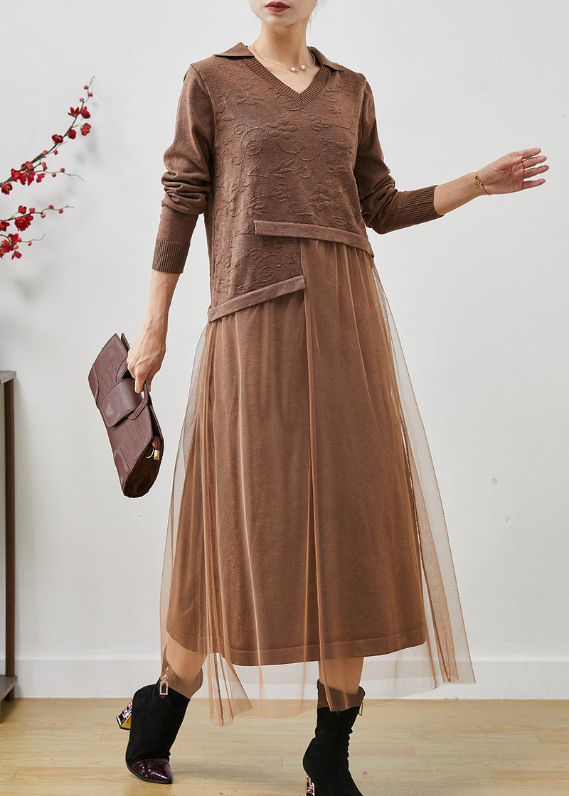 Khaki Jacquard Patchwork Wool Tulle Dress Summer