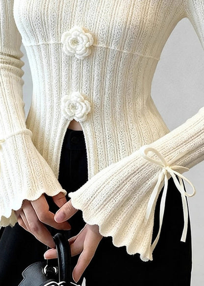 French White Patchwork Thin Knit Top Flare Sleeve