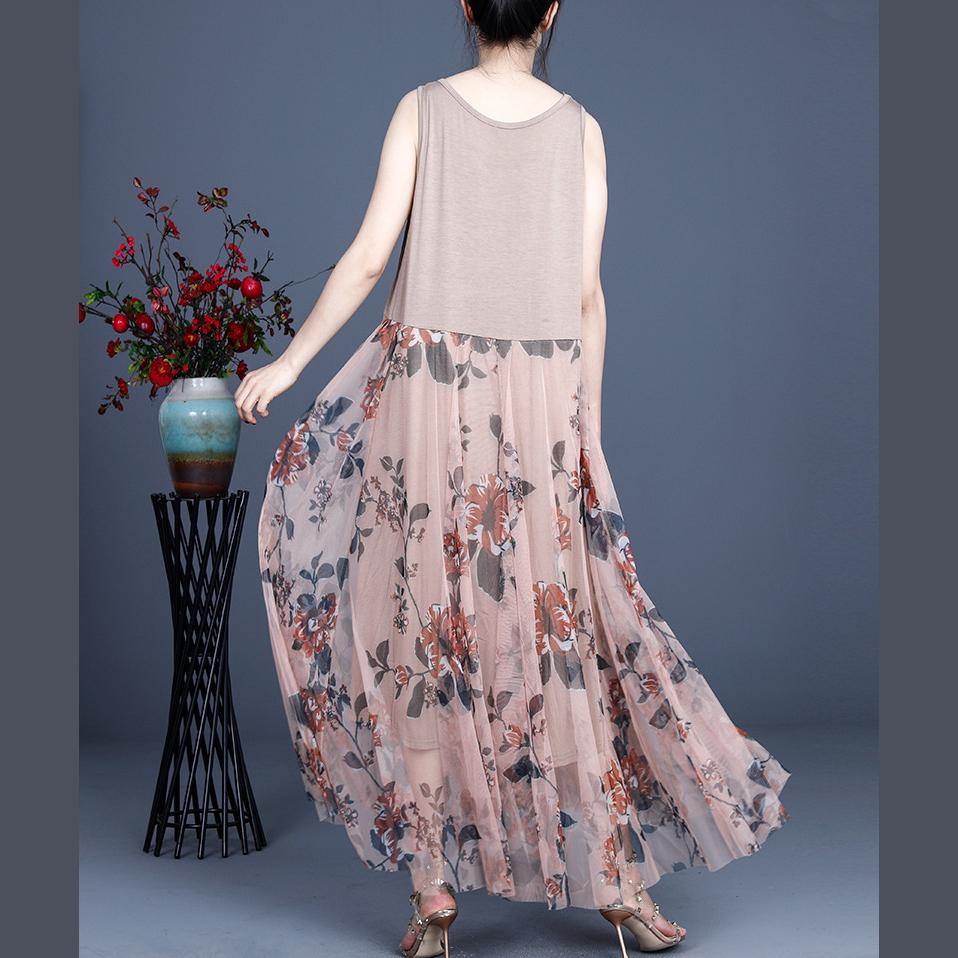 Pink Print Lace Dress O-neck Sleeveless Summer Dresses